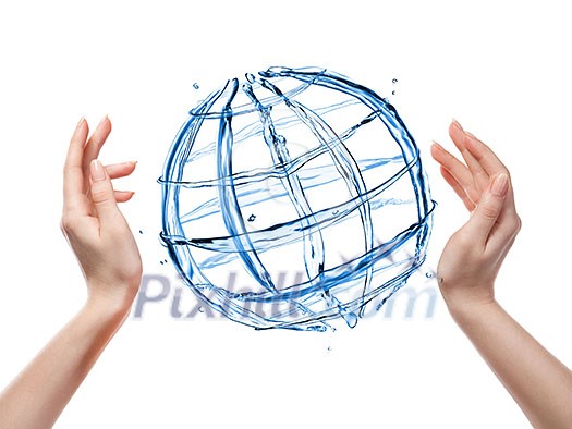 Globe from water with human hand isolated on white Globe from water with human hand isolated on white