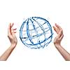 Globe from water with human hand isolated on white
