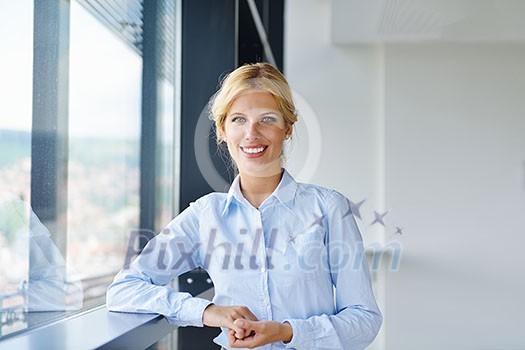 Young pretty business woman with notebook in the bright modern office indoors Young pretty business woman with notebook in the bright modern office indoors