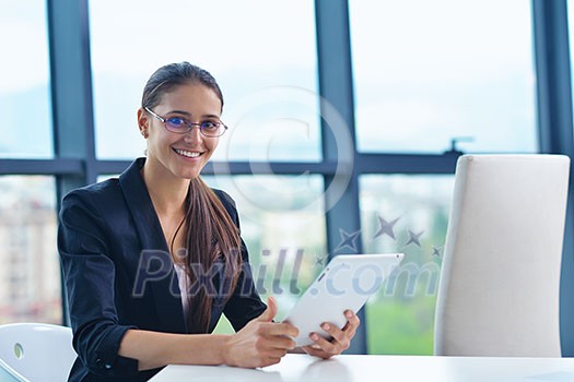 portrait of Young pretty business woman work on notebook computer in the bright modern office indoors portrait of Young pretty business woman work on notebook computer in the bright modern office indoors