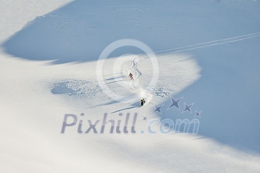 jumping skier at mountain winter snow fresh suny day jumping skier at mountain winter snow fresh suny day