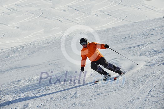 jumping skier at mountain winter snow fresh suny day jumping skier at mountain winter snow fresh suny day