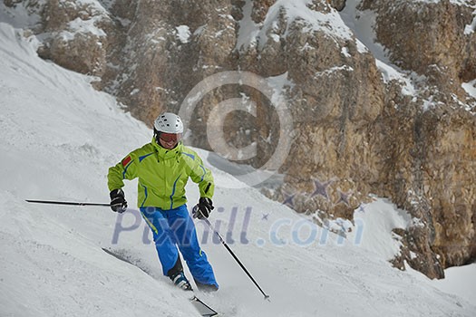 jumping skier at mountain winter snow fresh suny day jumping skier at mountain winter snow fresh suny day