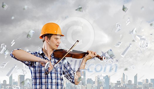 Image of man builder playing on violin Image of man builder playing on violin