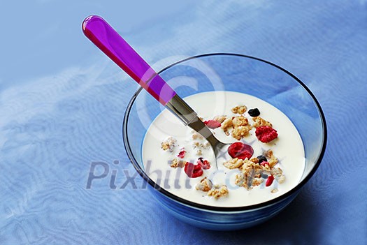 Breakfast cereal in a bowl with a spoon Breakfast cereal in a bowl with a spoon
