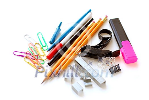 School or office supplies on white background School or office supplies on white background