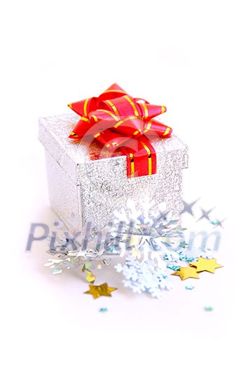 Christmas silver gift boxe on white background