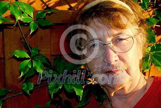 Portrait of an elderly woman outside with green vines Portrait of an elderly woman outside with green vines