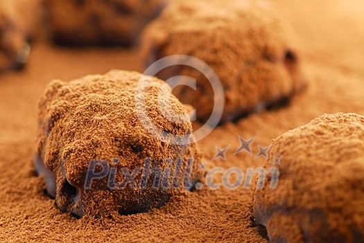 Macro image of dark chocolate truffles sprinkled with cocoa powder Macro image of dark chocolate truffles sprinkled with cocoa powder
