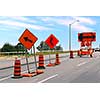 Road construction signs and cones on a city street