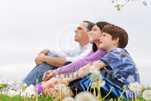 Portrait of a family father and children outside on green grass Portrait of a family father and children outside on green grass