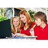 Mature woman working on computer at home with her children