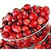 Fresh red cranberries in a glass bowl on white background