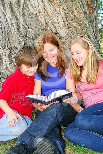 Family of mother and children reading a book under a tree in summer park Family of mother and children reading a book under a tree in summer park