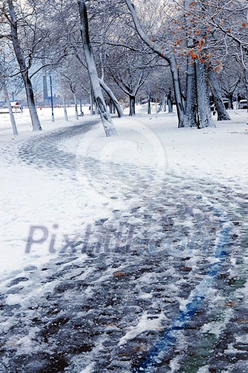 Winter park and recreational trail covered with snow. Beach area, Toronto, Canada. Winter park and recreational trail covered with snow. Beach area, Toronto, Canada.