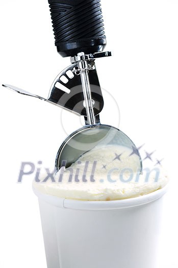 Tub of vanilla ice cream with a scoop on white background Tub of vanilla ice cream with a scoop on white background