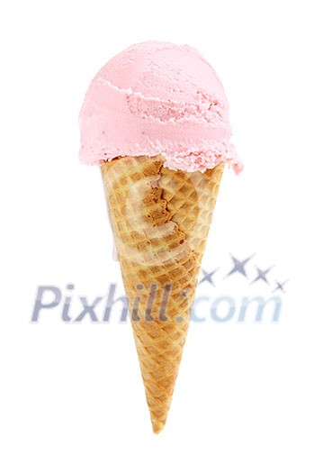 Strawberry ice cream in a sugar cone isolated on white background Strawberry ice cream in a sugar cone isolated on white background