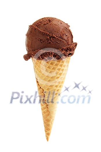 Chocolate ice cream in a sugar cone isolated on white background Chocolate ice cream in a sugar cone isolated on white background