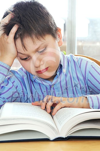 Serious school boy studying with a book Serious school boy studying with a book