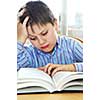 Serious school boy studying with a book