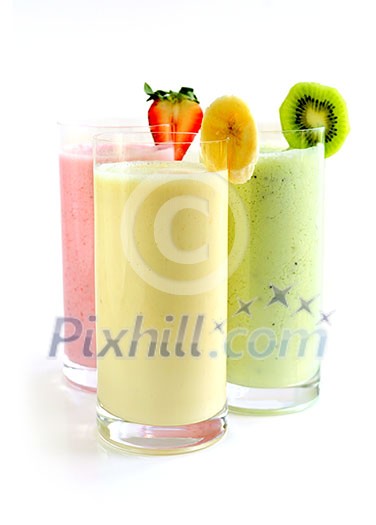 Various fruit smoothies isolated on white background