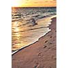 Footprints on sandy tropical beach at sunrise