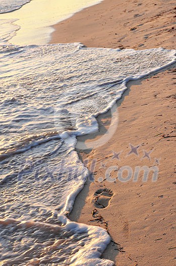 Tropical sandy beach with footprints and ocean wave Tropical sandy beach with footprints and ocean wave