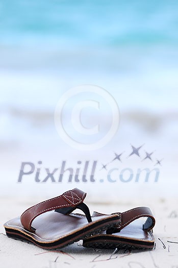 Flipflops on a sandy ocean beach - summer vacation concept Flipflops on a sandy ocean beach - summer vacation concept