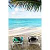 Two beach chairs under a palm tree on the ocean shore in tropical resort