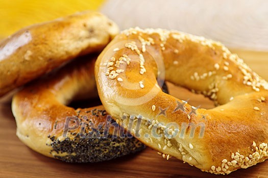 Fresh assorted Montreal style bagels close up Fresh assorted Montreal style bagels close up