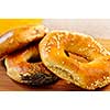 Fresh assorted Montreal style bagels close up