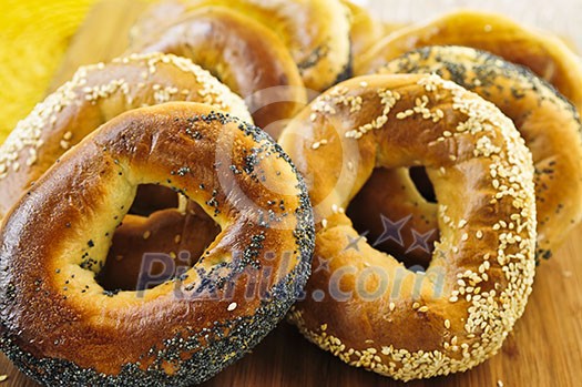 Variety of fresh Montreal style bagels close up Variety of fresh Montreal style bagels close up