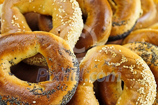 Variety of fresh Montreal style bagels close up Variety of fresh Montreal style bagels close up