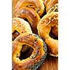 Variety of fresh Montreal style bagels close up