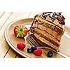 Slice of chocolate mousse cake served on a plate