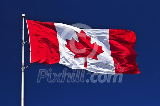 Flag of Canada waving in the wind on blue sky background Flag of Canada waving in the wind on blue sky background