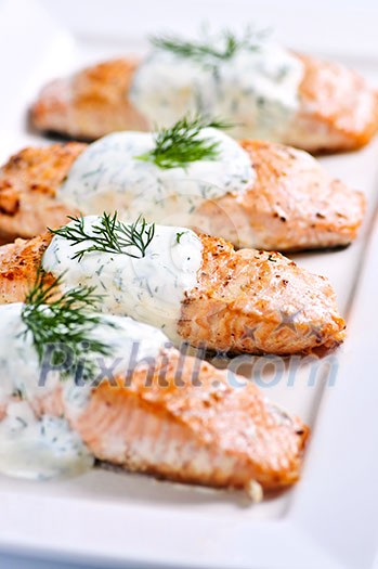 Cooked salmon fillets with dill sauce on white plate Cooked salmon fillets with dill sauce on white plate