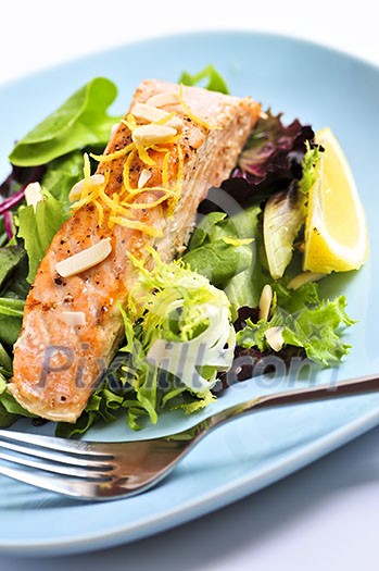 Green salad with grilled salmon fillet and lemon Green salad with grilled salmon fillet and lemon