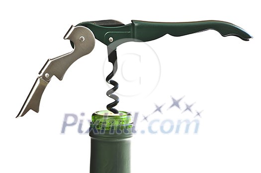 Opening wine bottle with a corkscrew on white background Opening wine bottle with a corkscrew on white background