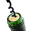 Opening wine bottle with a corkscrew on white background