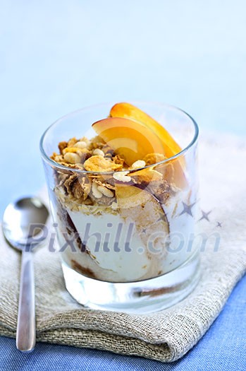 Serving of yogurt with fresh peaches and granola Serving of yogurt with fresh peaches and granola