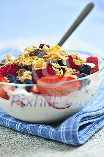 Serving of yogurt with fresh berries and granola Serving of yogurt with fresh berries and granola