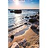 Sunset at the rocky shore of Georgian Bay, Canada. Awenda provincial park.
