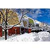 Winter street with lots of snow and colorful houses in Toronto