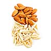 Whole and slivered raw almonds in a pile on white background