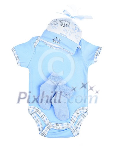 Blue infant boy clothing for baby shower isolated on white background Blue infant boy clothing for baby shower isolated on white background