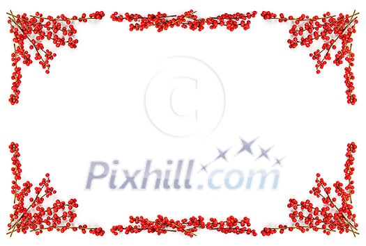 Red winterberry Christmas frame with holly berries on branches Red winterberry Christmas frame with holly berries on branches