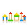 Buildings constructed out of toy wooden building blocks