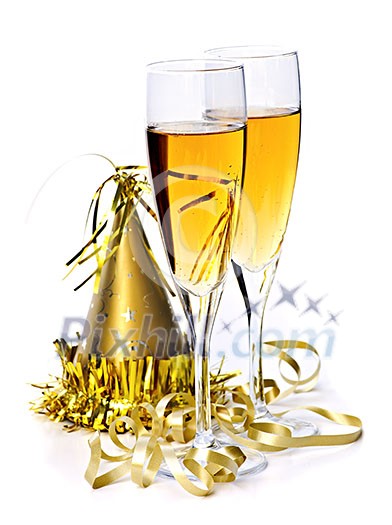 Two full champagne flutes with party hat and ribbon isolated on white background Two full champagne flutes with party hat and ribbon isolated on white background