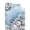 Wrapped gift boxes with silver Christmas ornaments on white background